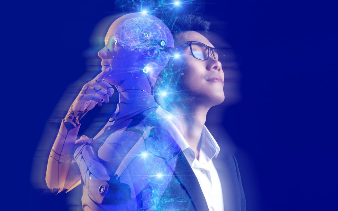 A human and a thoughtful robot standing back-to-back with glowing neural connections, symbolizing human-AI collaboration and innovation