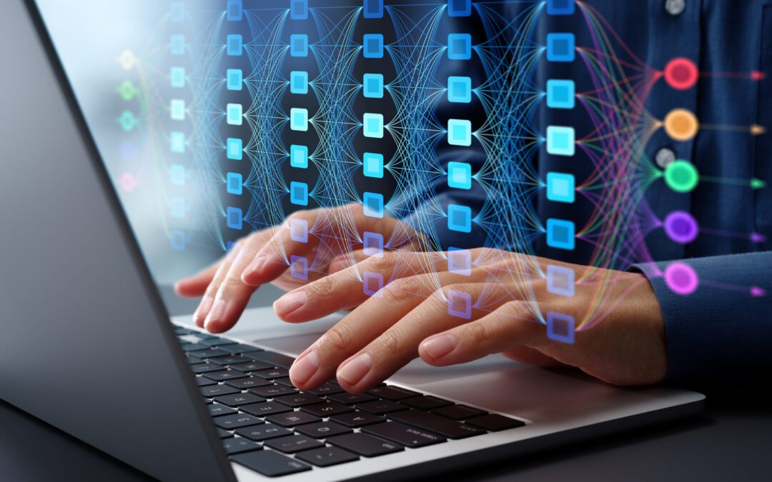 Man typing on a laptop with a digital neural network overlay, representing AI, machine learning, automation, and data processing.